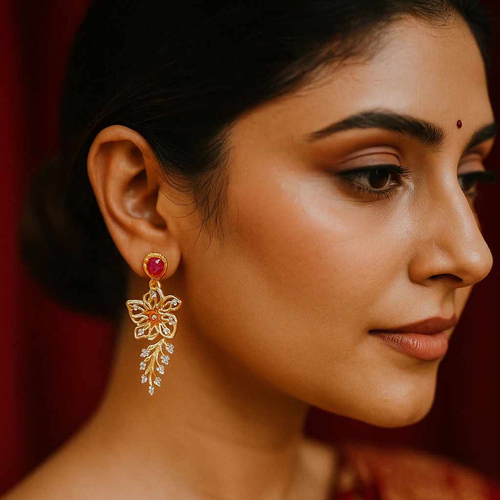Floral Drop Earrings with Ruby Accent in Copper-Brass