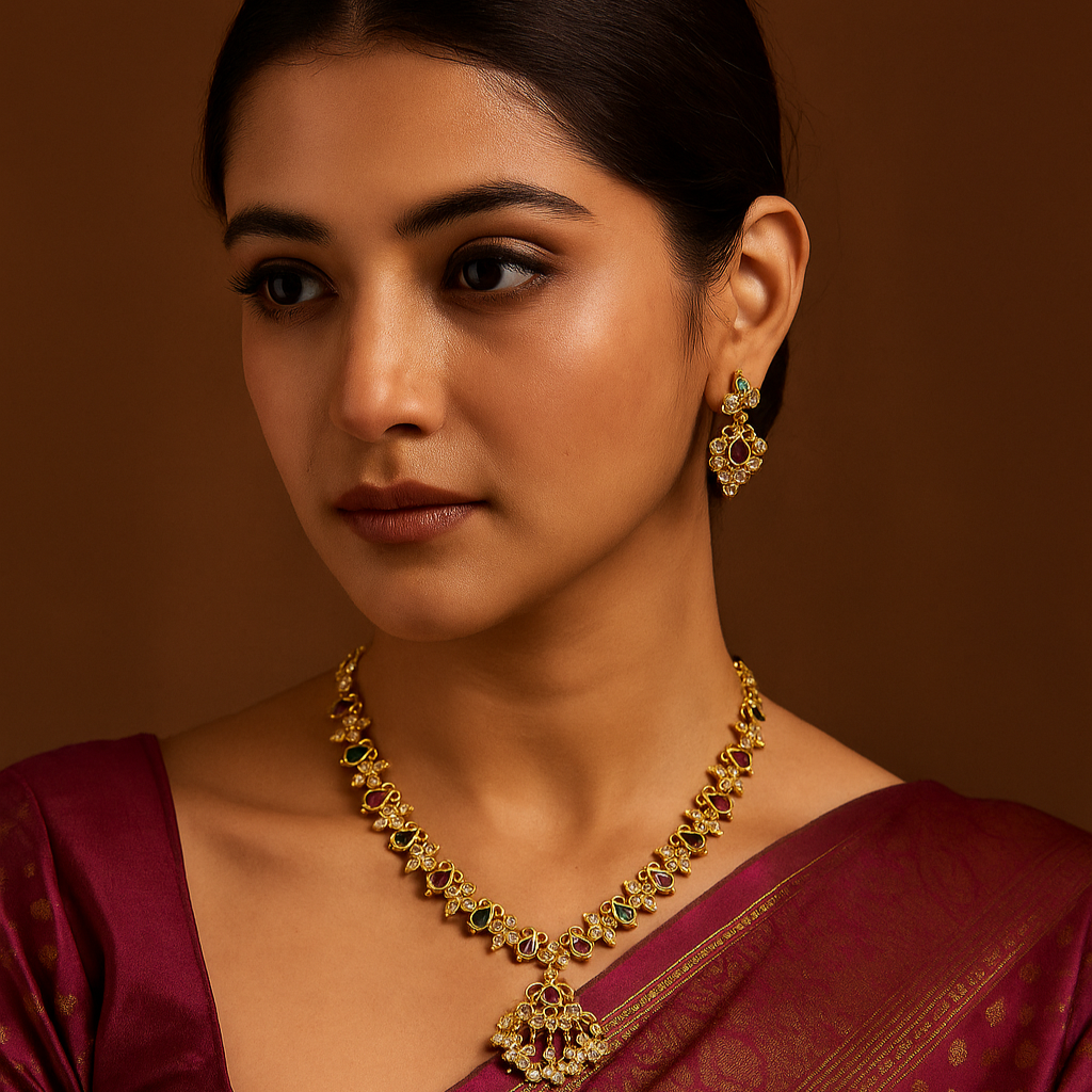 Copper-Brass Stone Studded Necklace Set with Pearl Danglers