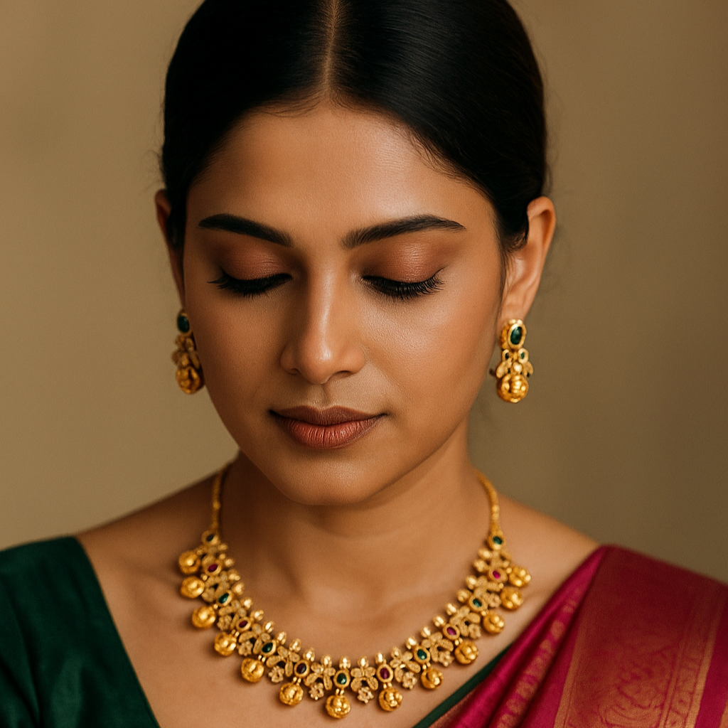 Antique Kemp Stone Lakshmi Kasu Necklace Set in Copper-Brass