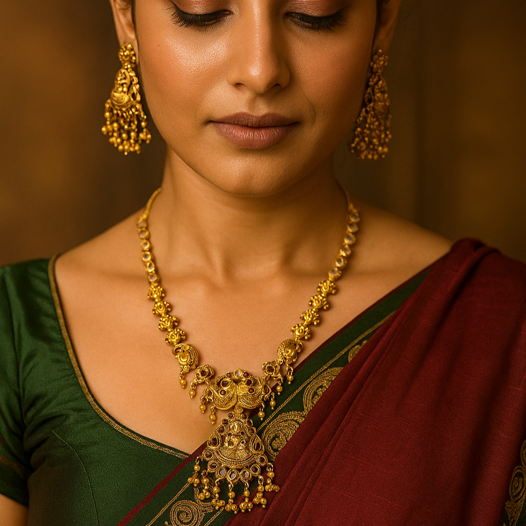 Antique Copper-Brass Temple Necklace Set with Floral Pendant &amp; Jhumkas