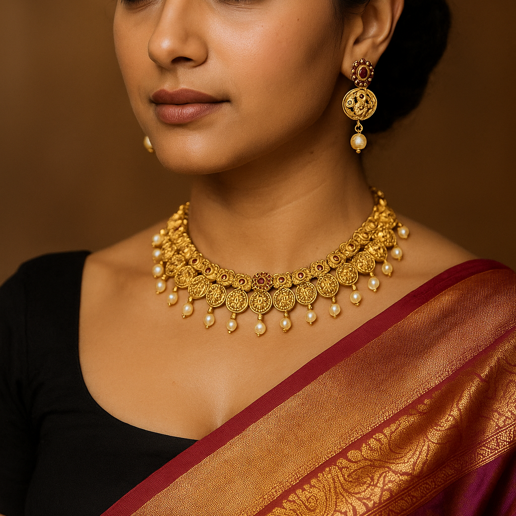 Antique Gold-Plated Temple Coin Necklace Set with Pearl Drops
