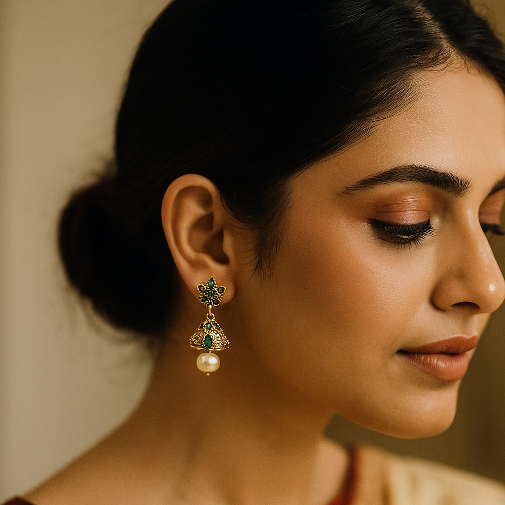 Antique Green Stone Jhumka Earrings with Pearl Drop – Copper & Brass