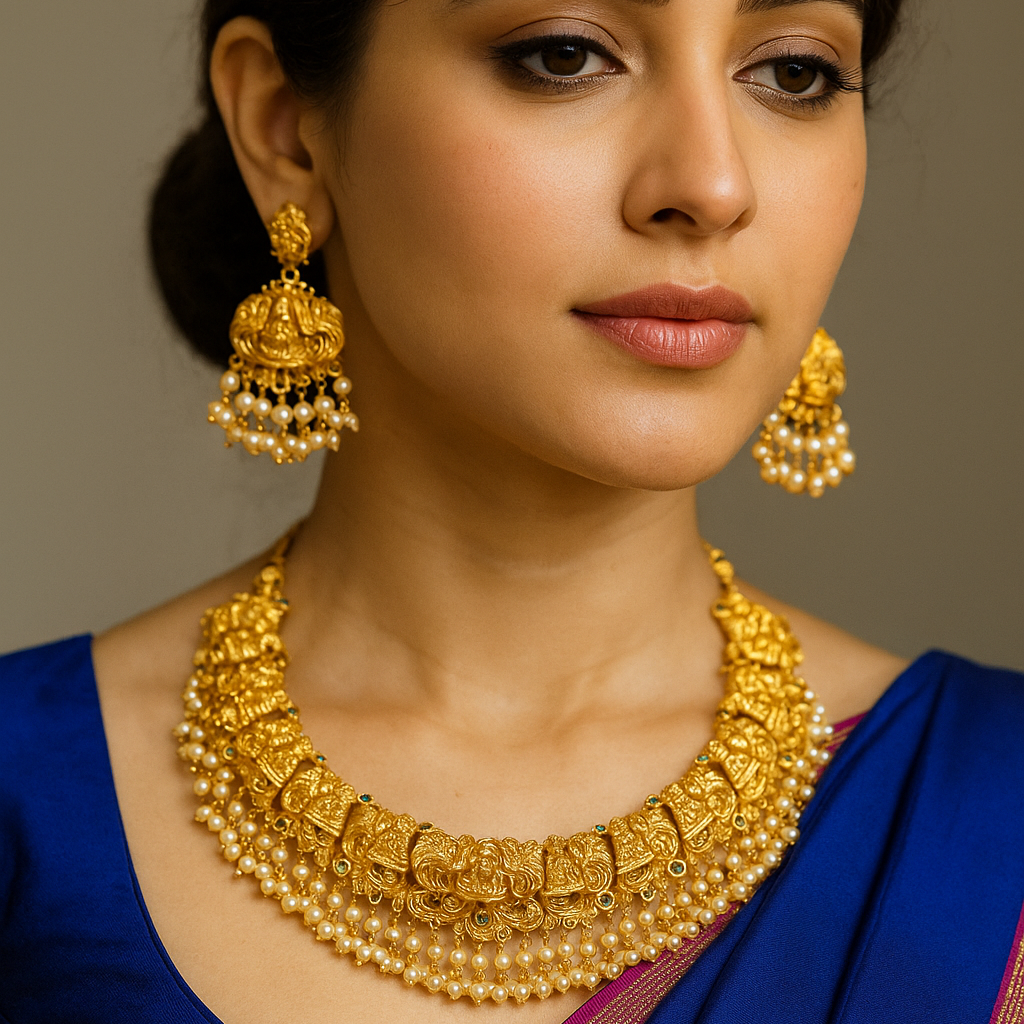 Antique Lakshmi Pearl Choker Necklace Set in Copper-Brass