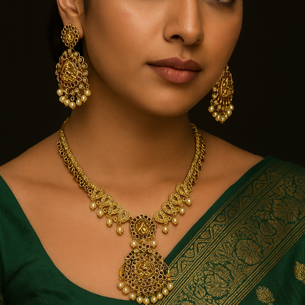 Antique Lakshmi Temple Necklace Set in Copper-Brass with Pearl Droplets