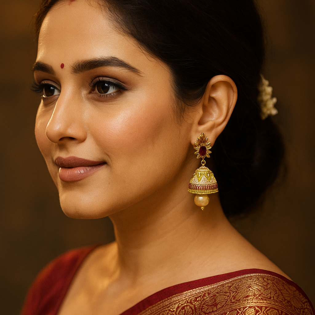 Traditional Jhumka Earrings with Ruby Accent & Pearl Drop in Copper-Brass
