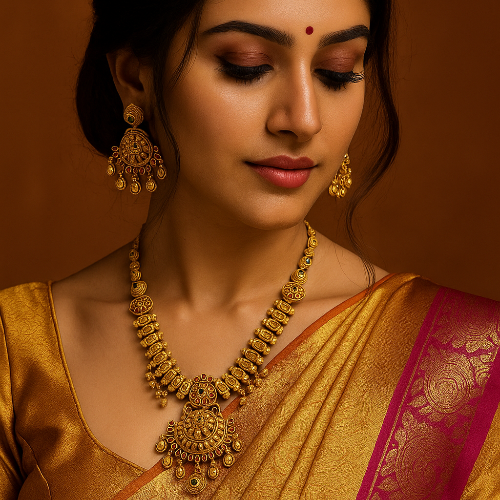 Antique Copper-Brass Temple Necklace Set with Circular Pendant & Chandbali Earrings